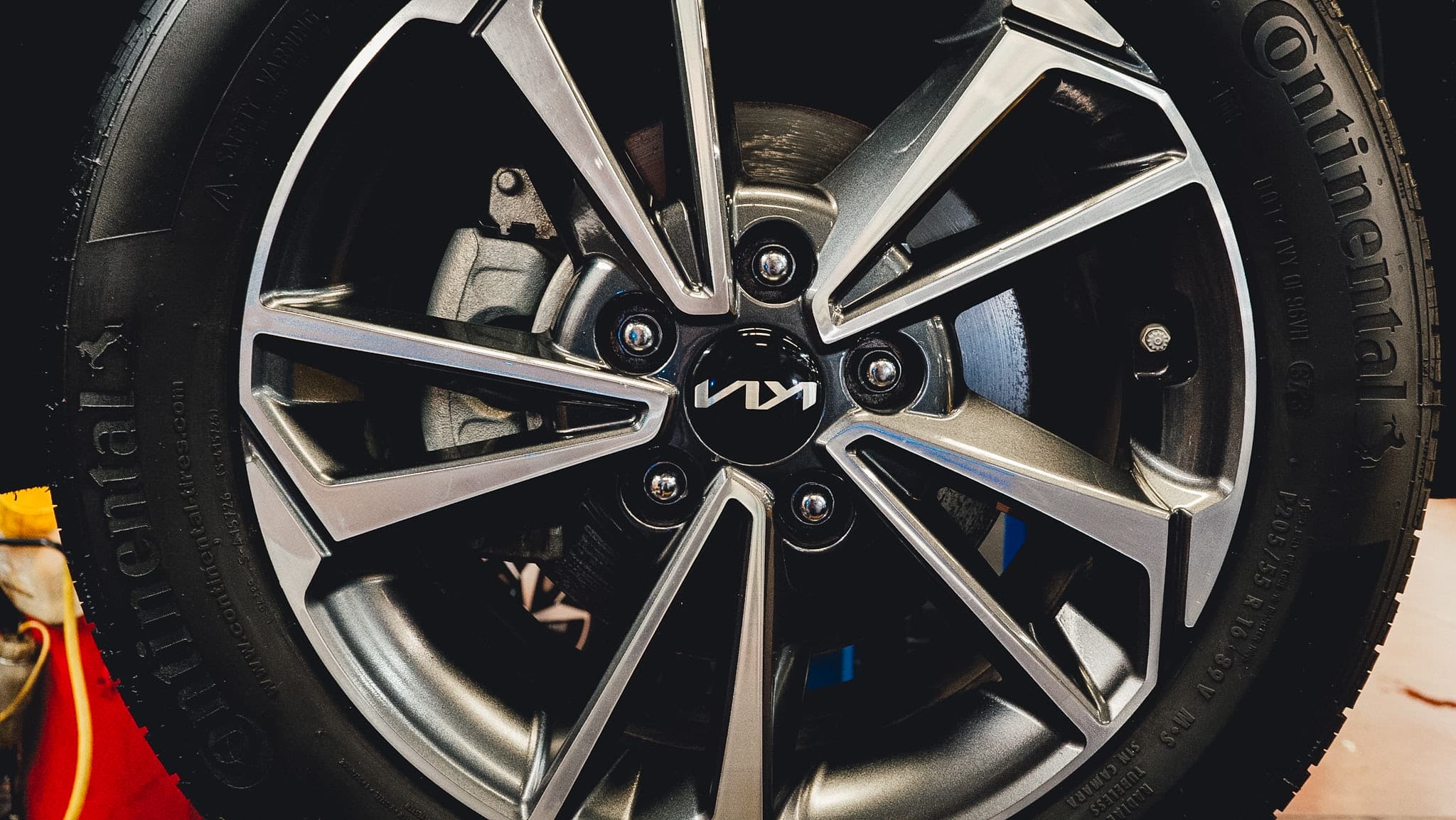 Detailed undercar exhaust and emissions system view inside the shop.