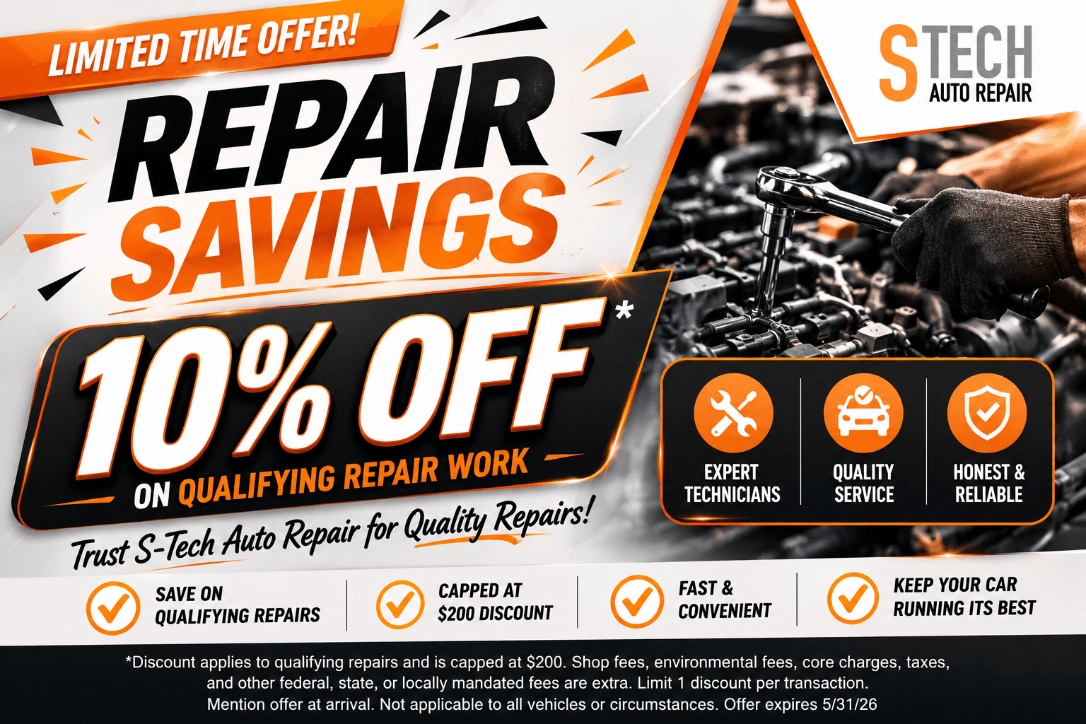 Limited time repair savings offer for 10 percent off qualifying repair work, capped at $200.