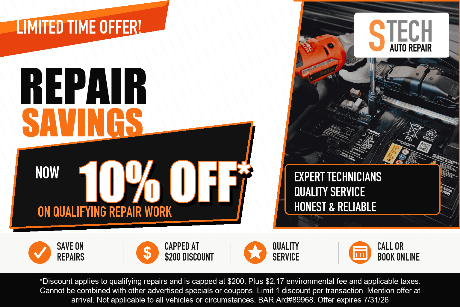 Limited time repair savings offer for 10 percent off qualifying repair work, capped at $200.