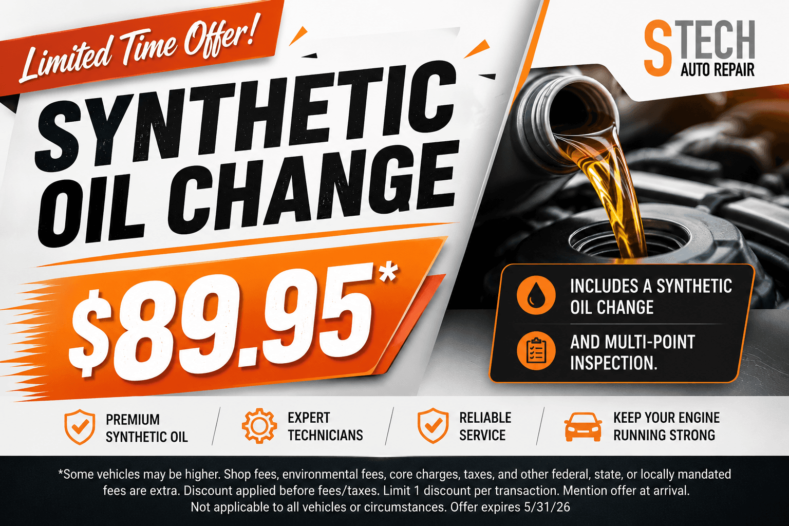 Limited time synthetic oil change offer for $89.95 including synthetic oil change and multi-point inspection.